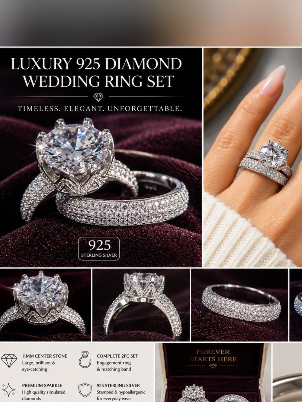 Luxury 925 Sterling Silver Wedding Ring Set | 11mm Simulated Diamond | Size 9 |